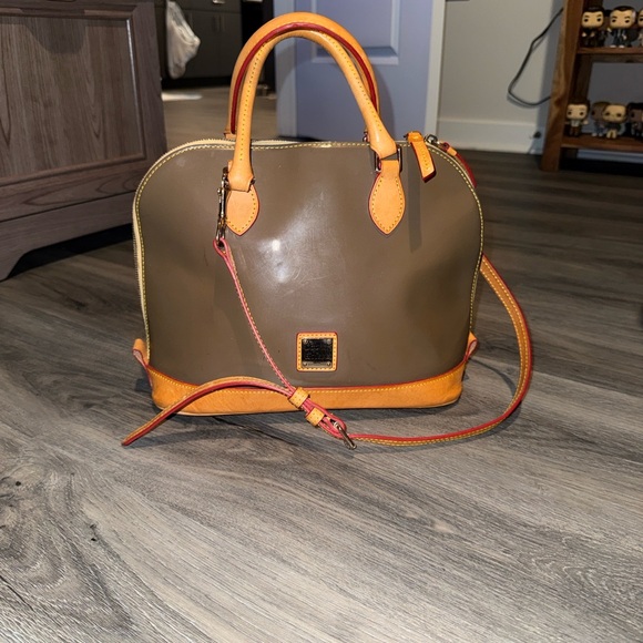Dooney & Bourke Patent Leather Olive and Orange Zip Satchel - Picture 1 of 6